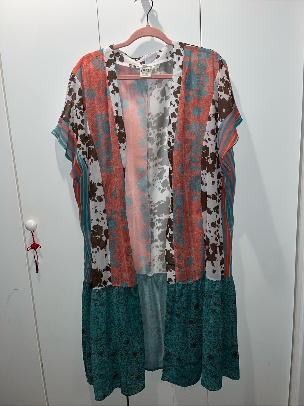 Boho Floral Patchwork Kimono  in Teal, cow print  and Coral
